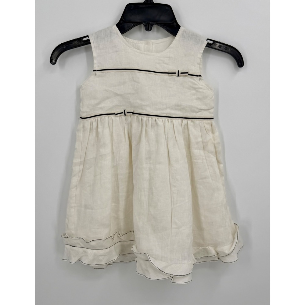 Empress Arts Dress Girls 3T White 100% Linen Sleeveless‎ Ruffle Hem Bow Trim